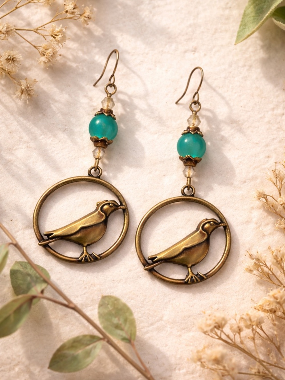 Boho Bird Dangle Earrings • Antique Bronze • Teal Bead • Nature Inspired